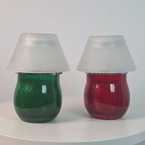 Set Of 2 Frosted Glass Shade Candles With Green & Red Votive Jars Christmas Deco